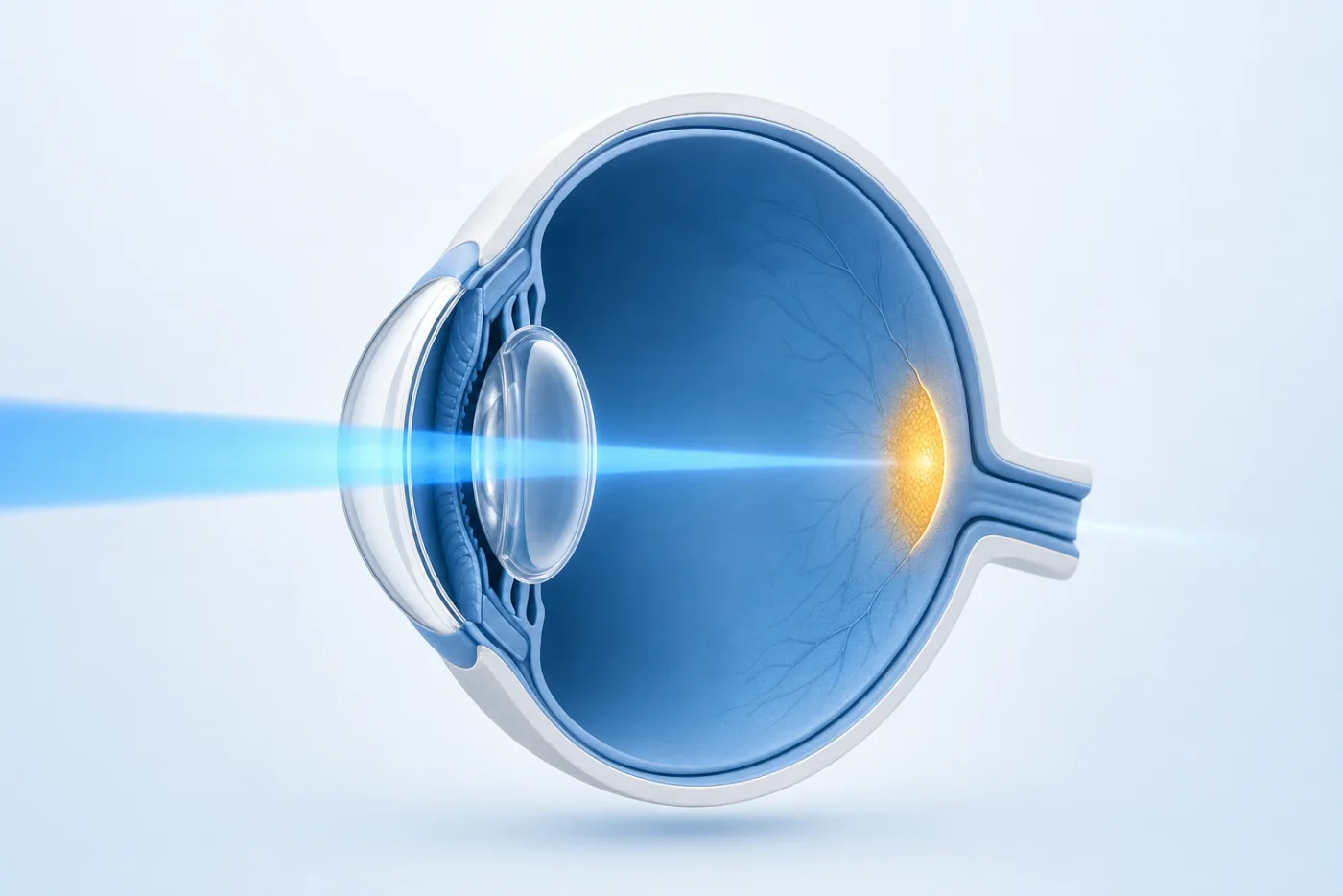 Esquema del ojo: la luteína se acumula en la mácula y filtra la luz azul antes de que llegue a la retina