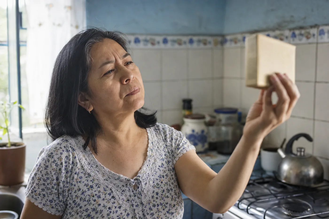 Mujer alejando un empaque para poder leer la letra pequeña