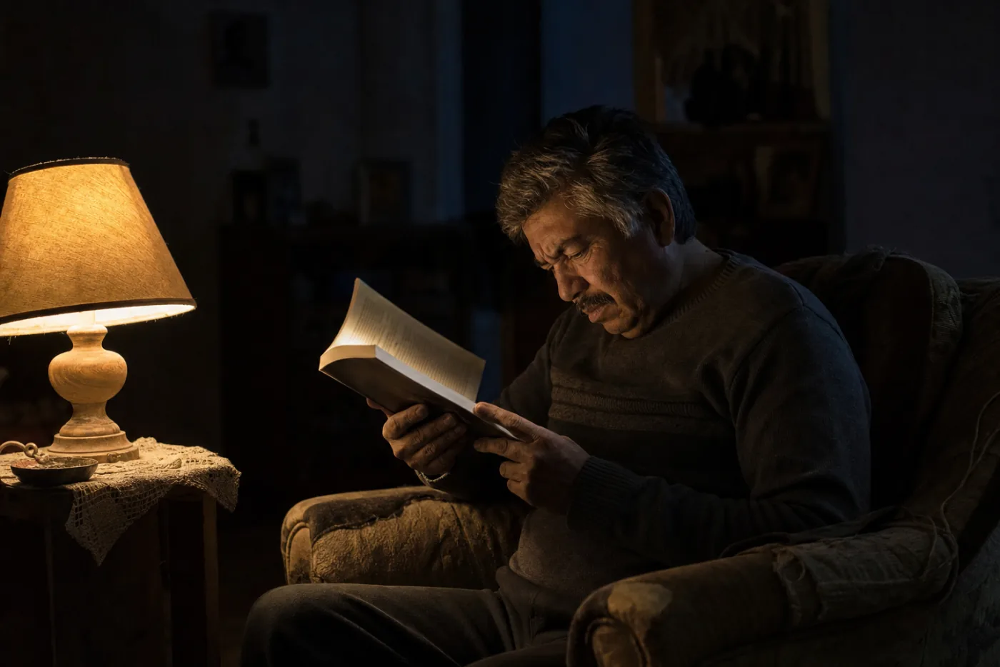Mujer leyendo de noche con lámpara de escritorio encendida junto al libro