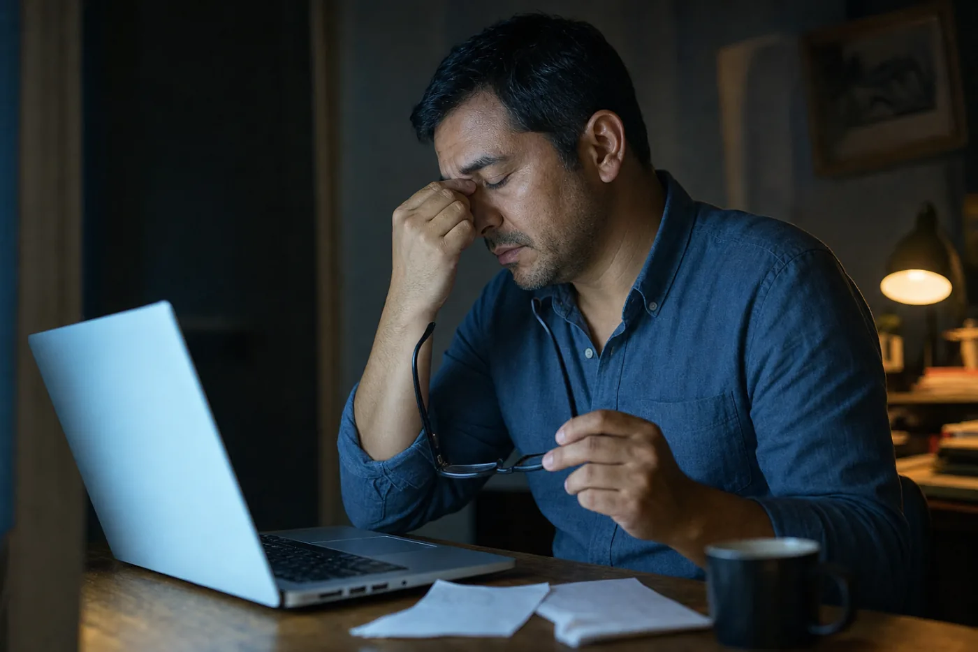 Hombre frente a la computadora por la noche descansando los ojos