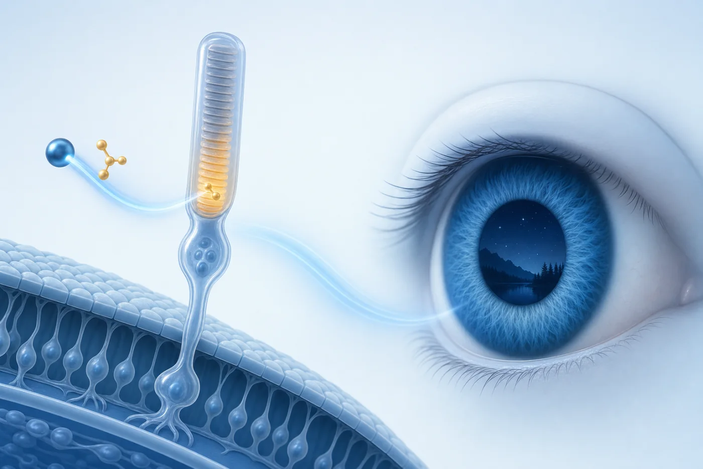 Esquema de la retina donde el zinc participa en la síntesis de rodopsina para ver con poca luz